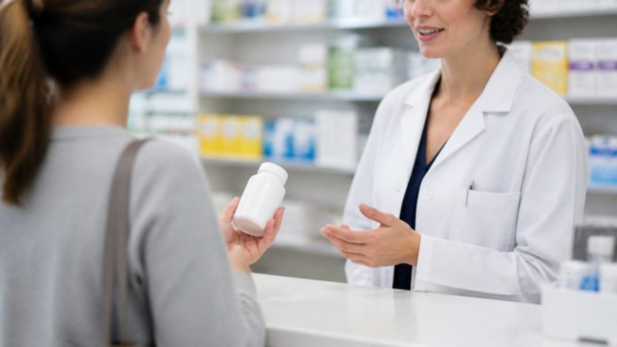 Customer holding a supplement bottle while asking a pharmacist a question at the pharmacy counter
