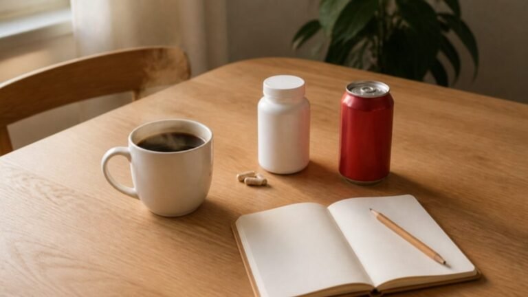 Caffeine in fat burners in context: a mug of coffee, an unlabeled supplement bottle with capsules, a red soda can and a notebook on a kitchen table
