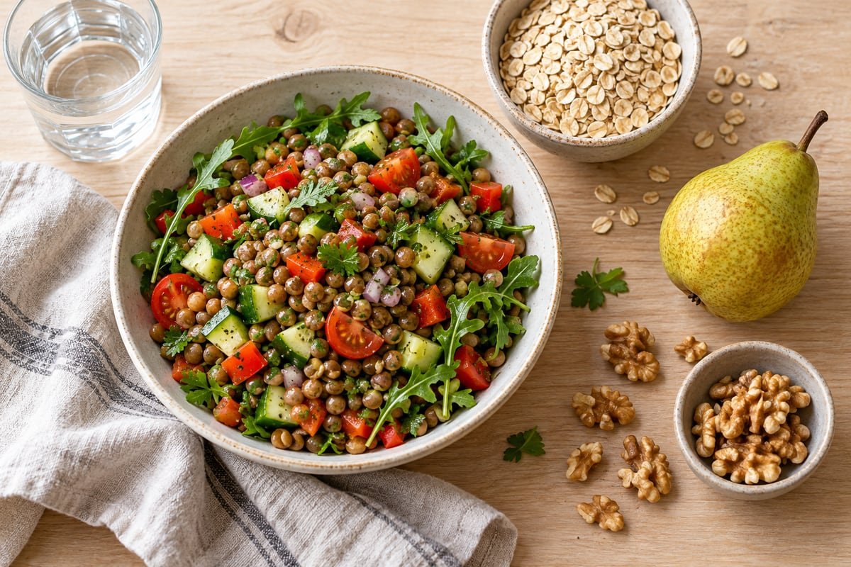 psyllium capsules vs powder for appetite — Lentil and vegetable salad with oats, a pear, walnuts, and water