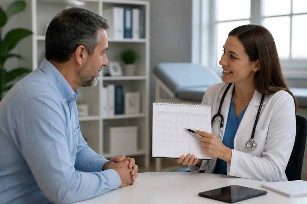 Doctor reviewing a Foundayo side effects and dose escalation schedule with a patient