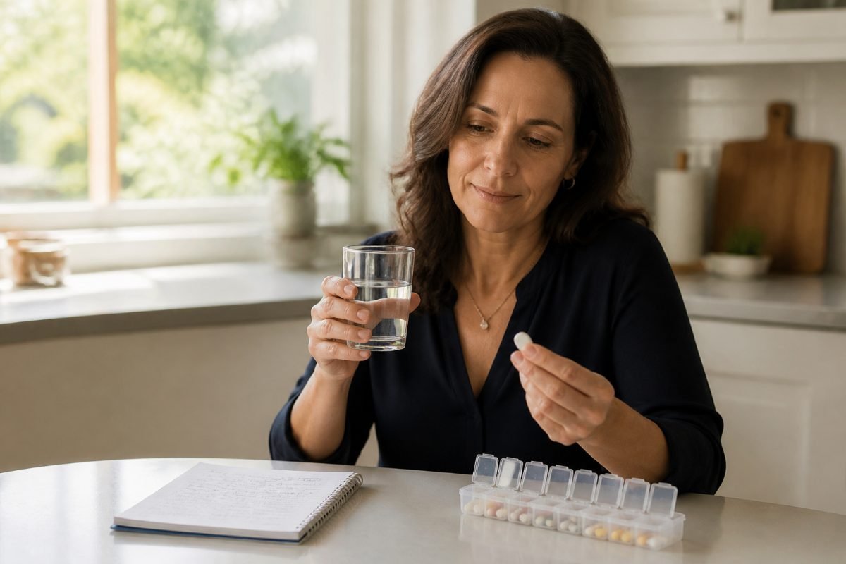 Woman taking her daily tablet with water while tracking Foundayo side effects in a notebook