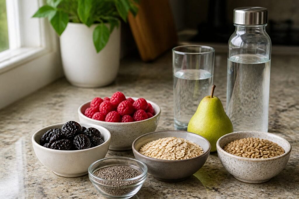 High-fiber foods and water for preventing Foundayo constipation