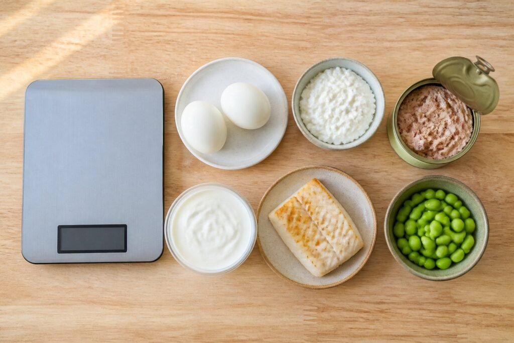 Lean high-protein foods in small portions next to a kitchen scale for planning protein on GLP-1