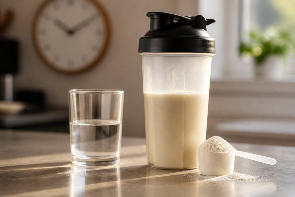 Glass of water and a protein shake on a kitchen counter showing protein timing after the Wegovy pill