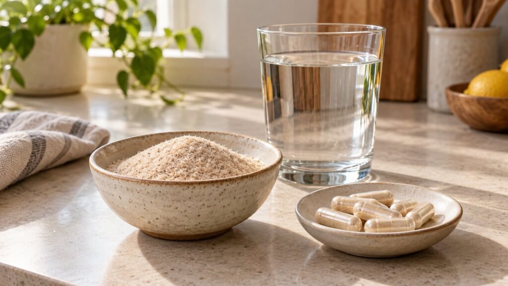 psyllium capsules vs powder for appetite — Psyllium husk powder and generic capsules beside a full glass of water