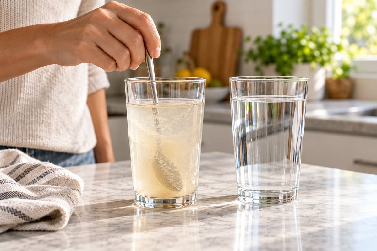 psyllium capsules vs powder for appetite — Hand stirring a fiber drink beside a separate glass of water