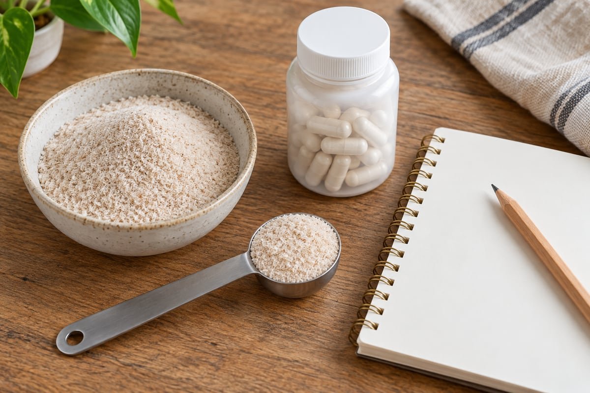 psyllium capsules vs powder for appetite — Bowl and spoon of psyllium husk beside an unbranded capsule bottle and blank notebook