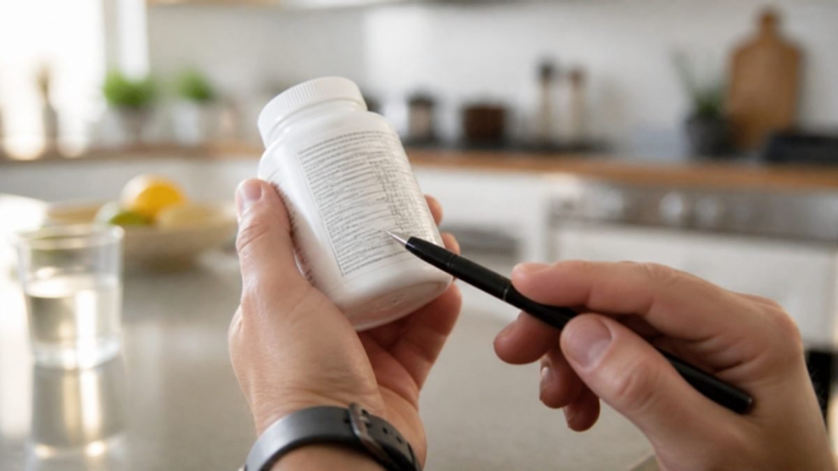 Person reading the side panel of an unbranded supplement bottle with a pen, checking it for caffeine sources
