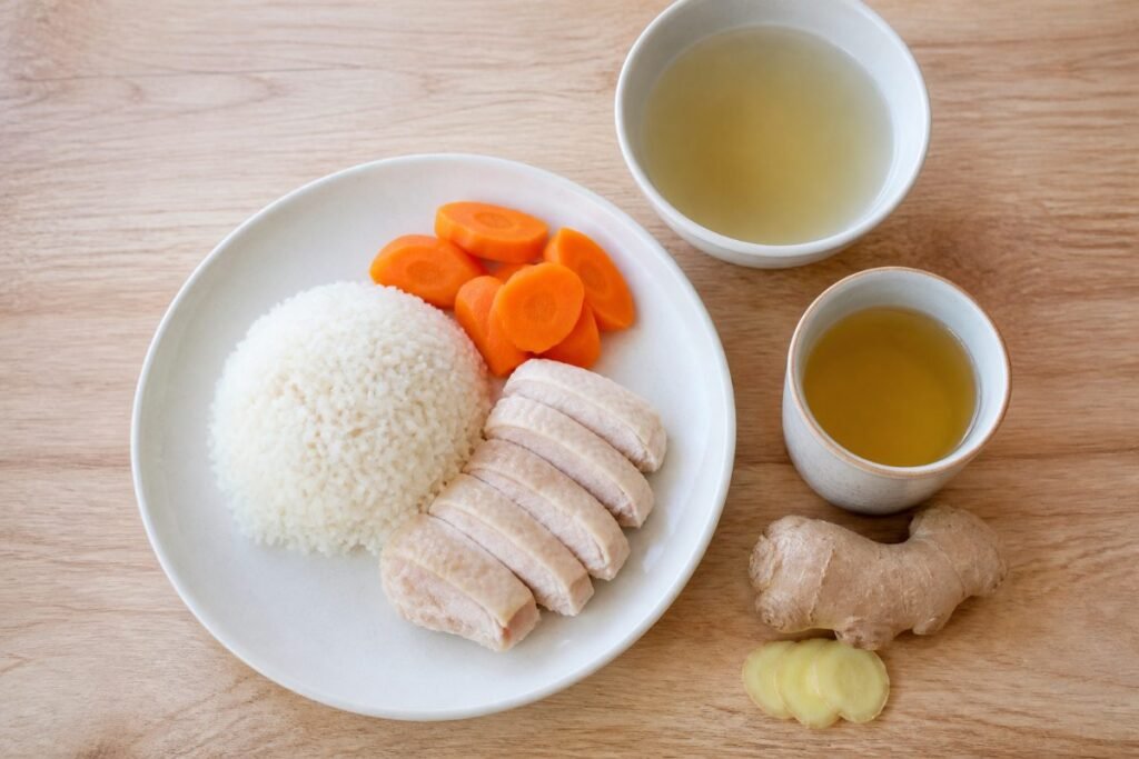 Small low-fat meal of rice, chicken, carrots, broth and ginger tea to ease Foundayo nausea