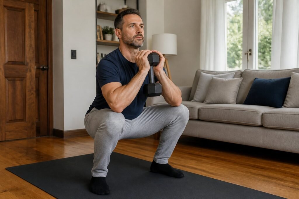 Man doing a dumbbell goblet squat at home to protect muscle during GLP-1 weight loss