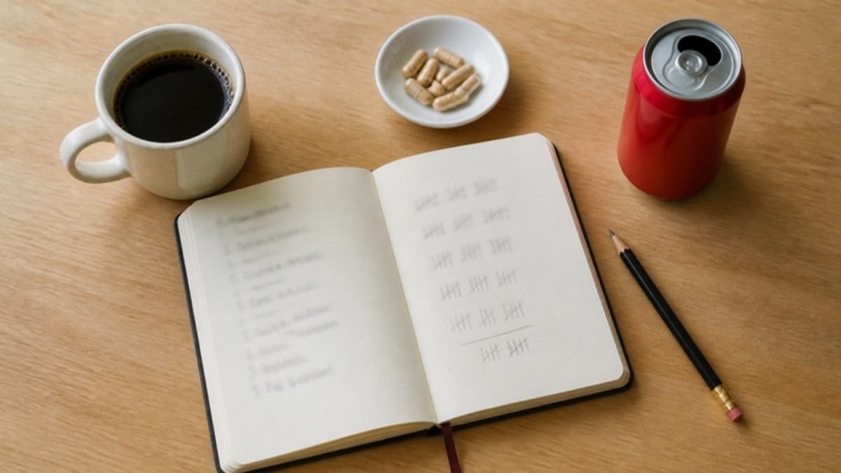 Notebook with a handwritten tally next to coffee, capsules in a dish and a soda can, adding up a day’s caffeine